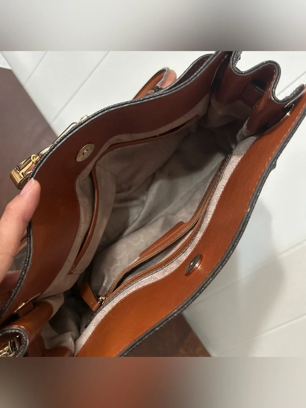 Michael Kors Hamilton Satchel Brown Monogram Canvas Tan Leather Gold Padlock Bag